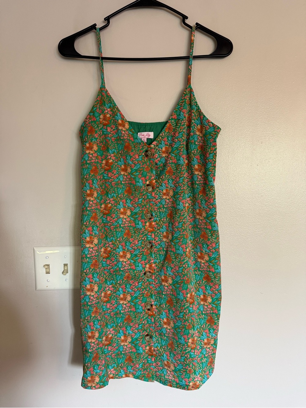 Pink Lily Green Floral Button-Front Mini Dress with Orange Blooms